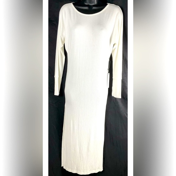 STILLWATER Women’s XS Ivory Ribbed Midi Dress Side Slit LS NWT - Picture 1 of 12